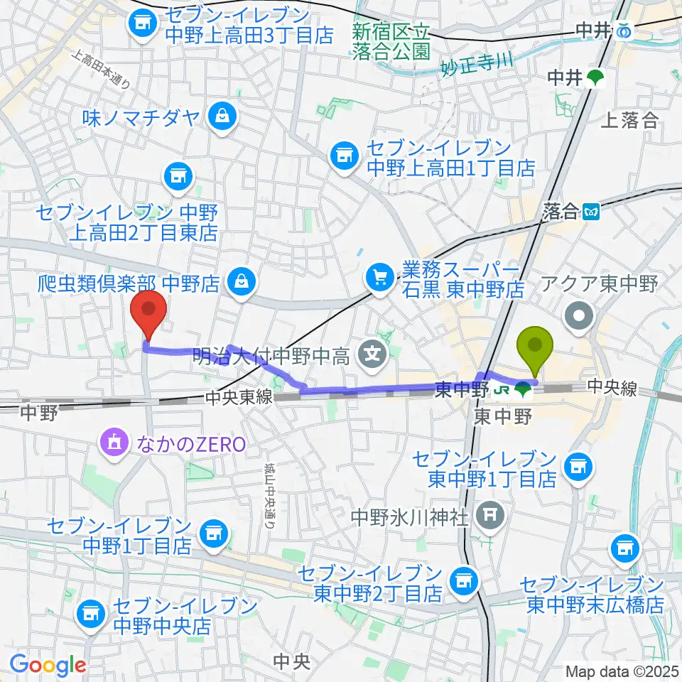 東中野駅からリペアショップPINEへのルートマップ地図