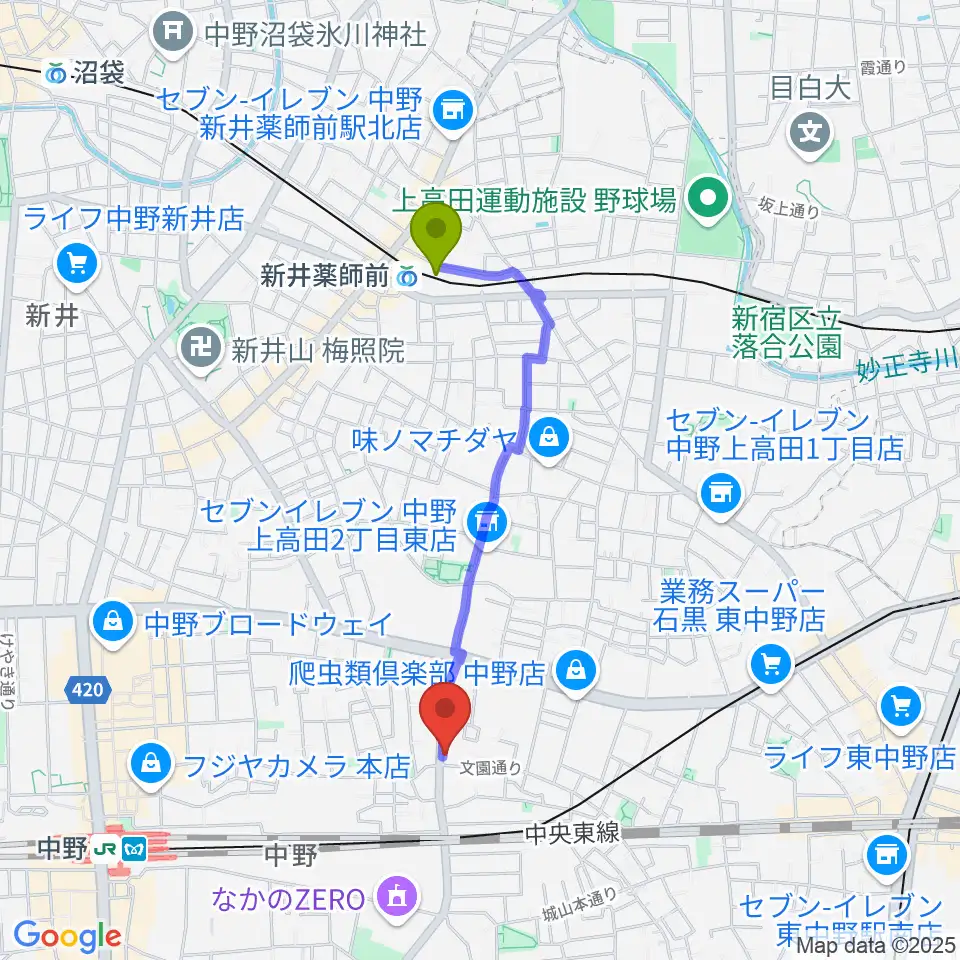 新井薬師前駅からリペアショップPINEへのルートマップ地図