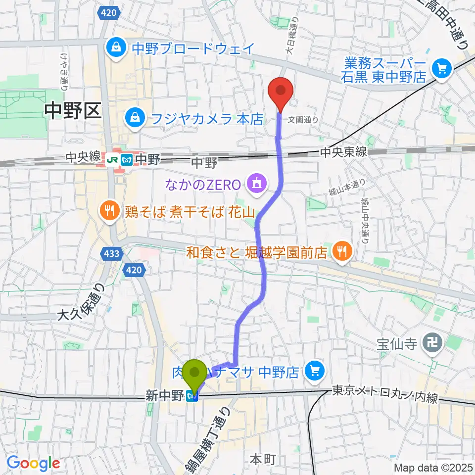新中野駅からリペアショップPINEへのルートマップ地図