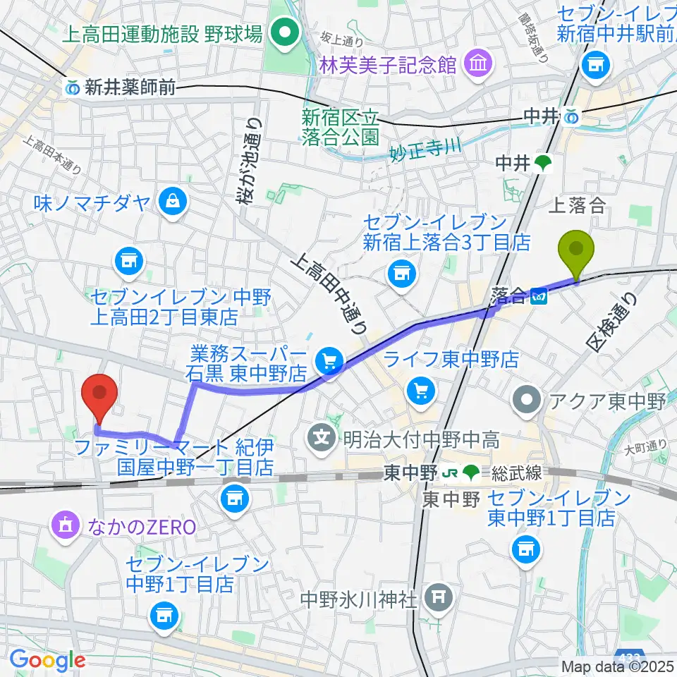 落合駅からリペアショップPINEへのルートマップ地図