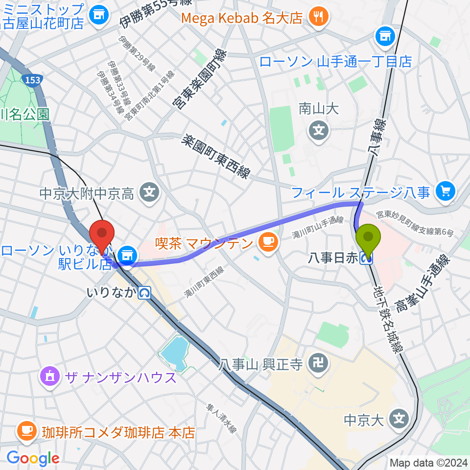 八事日赤駅からギターショップTWO TONEへのルートマップ地図