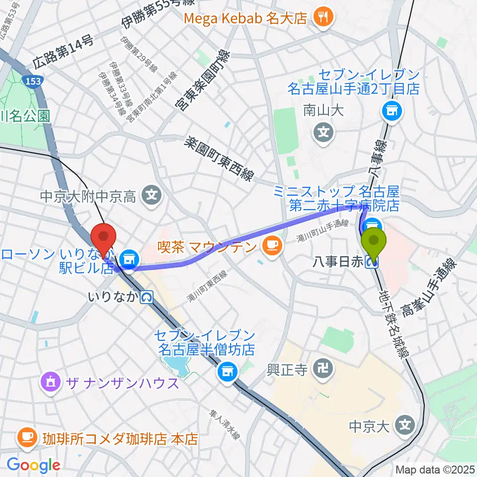 八事日赤駅からギターショップTWO TONEへのルートマップ地図