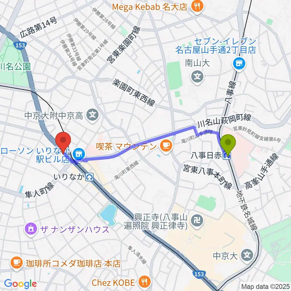 八事日赤駅からギターショップTWO TONEへのルートマップ地図