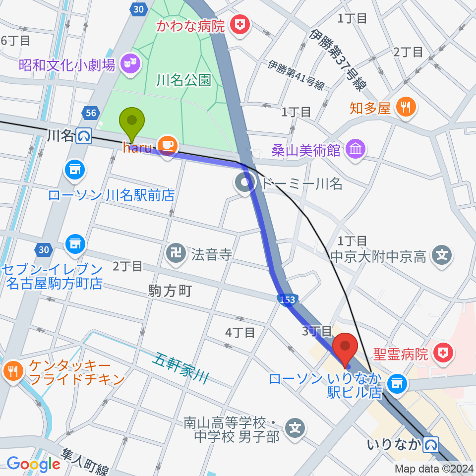 川名駅からギターショップTWO TONEへのルートマップ地図