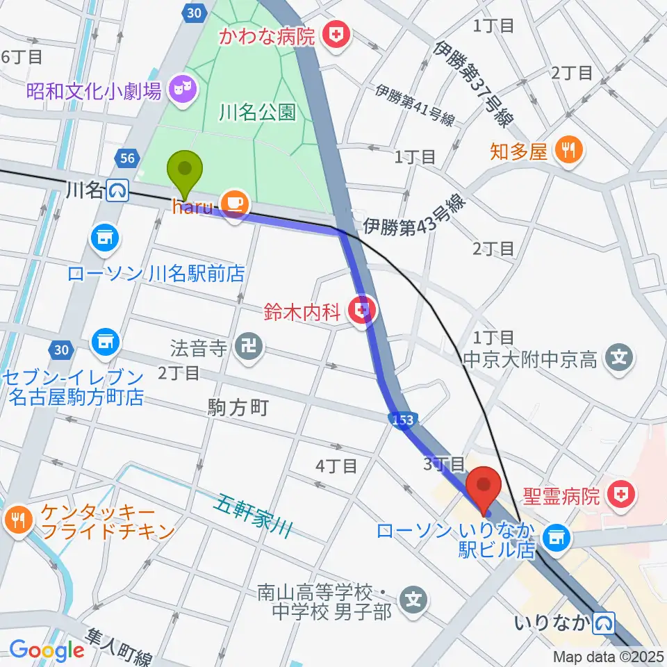 川名駅からギターショップTWO TONEへのルートマップ地図