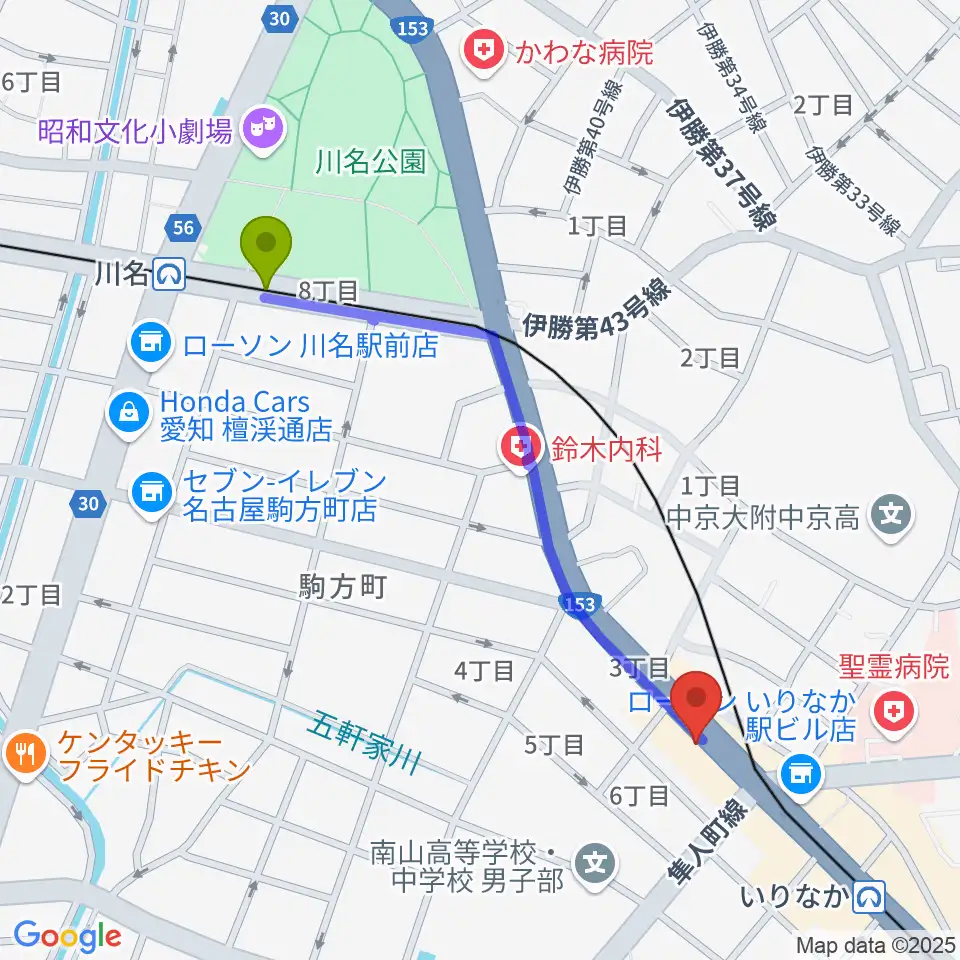 川名駅からギターショップTWO TONEへのルートマップ地図