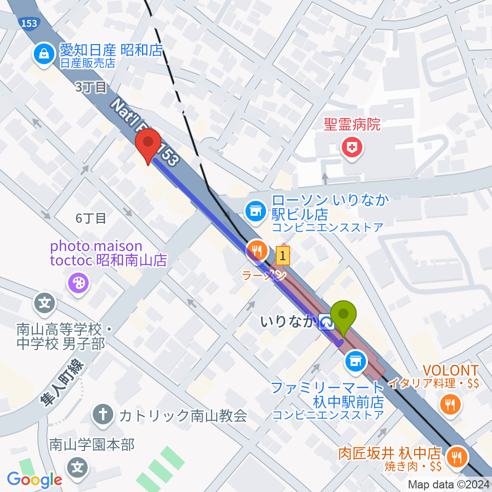 ギターショップTWO TONEの最寄駅いりなか駅からの徒歩ルート（約4分）地図