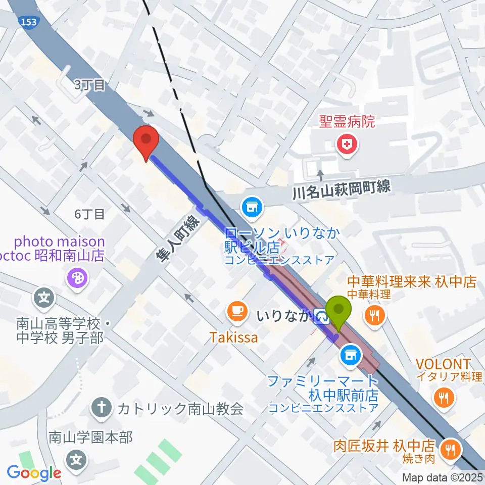 ギターショップTWO TONEの最寄駅いりなか駅からの徒歩ルート（約4分）地図
