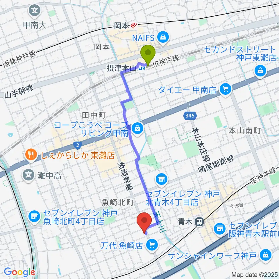摂津本山駅からグランド楽器へのルートマップ地図