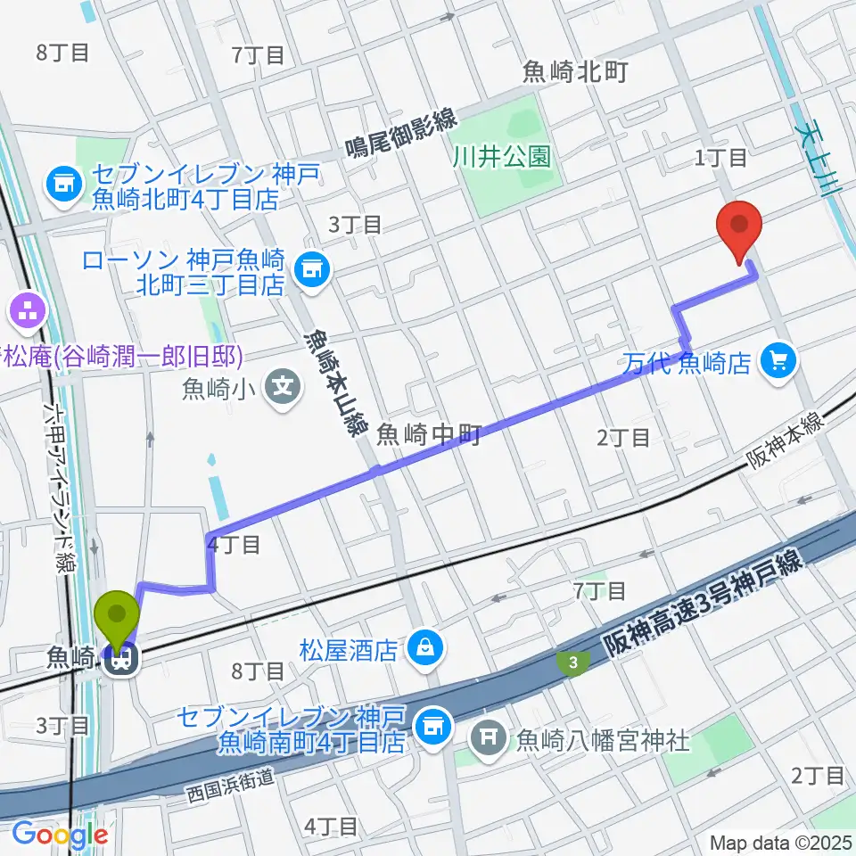 魚崎駅からグランド楽器へのルートマップ地図