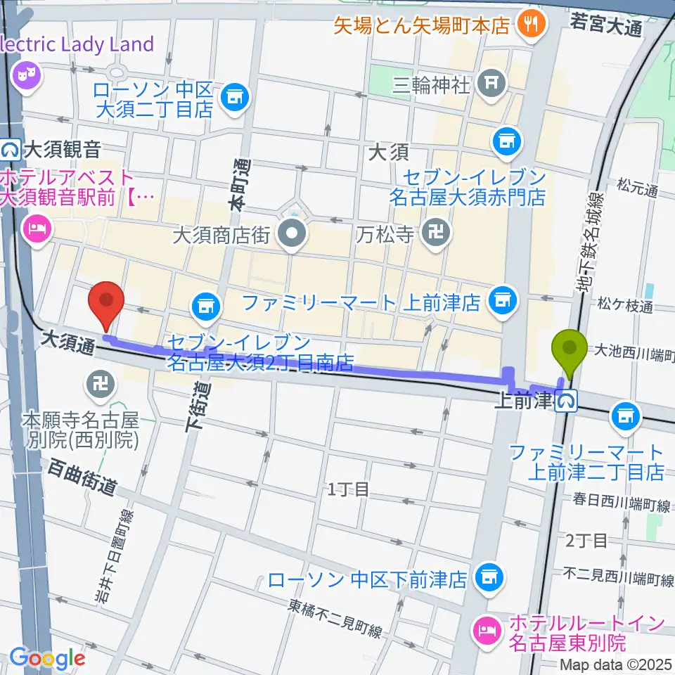 上前津駅からグレイテストヒッツへのルートマップ地図
