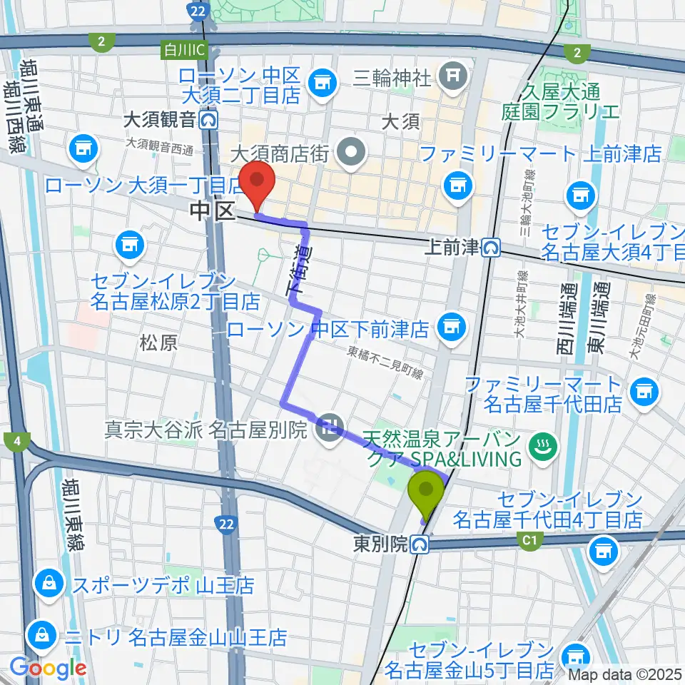 東別院駅からグレイテストヒッツへのルートマップ地図
