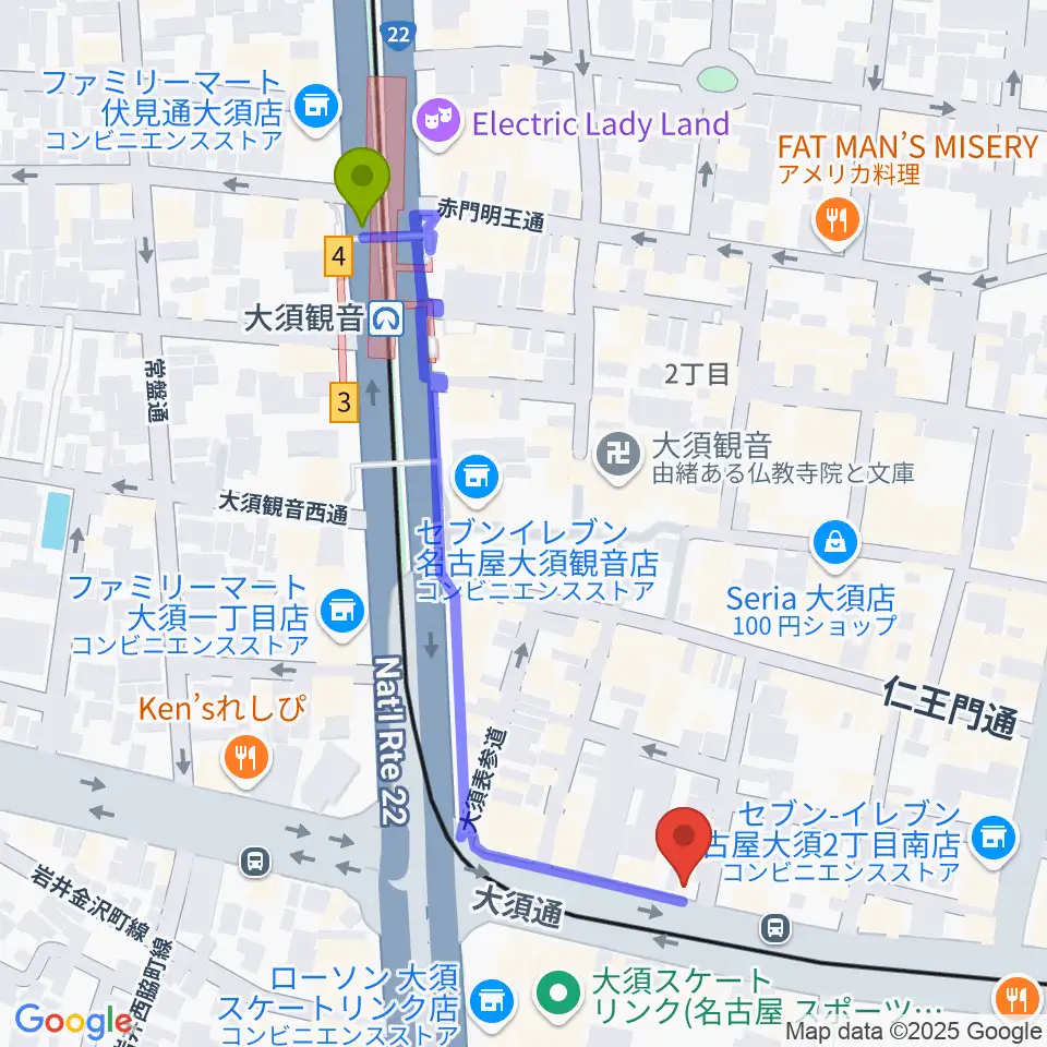 グレイテストヒッツの最寄駅大須観音駅からの徒歩ルート（約5分）地図
