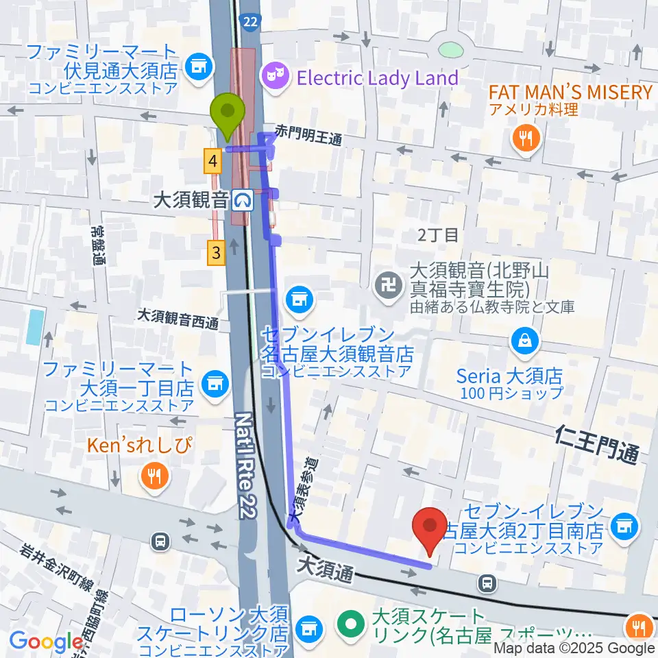 グレイテストヒッツの最寄駅大須観音駅からの徒歩ルート（約5分）地図