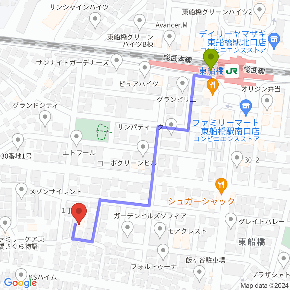 GUITAR LABの最寄駅東船橋駅からの徒歩ルート（約5分）地図