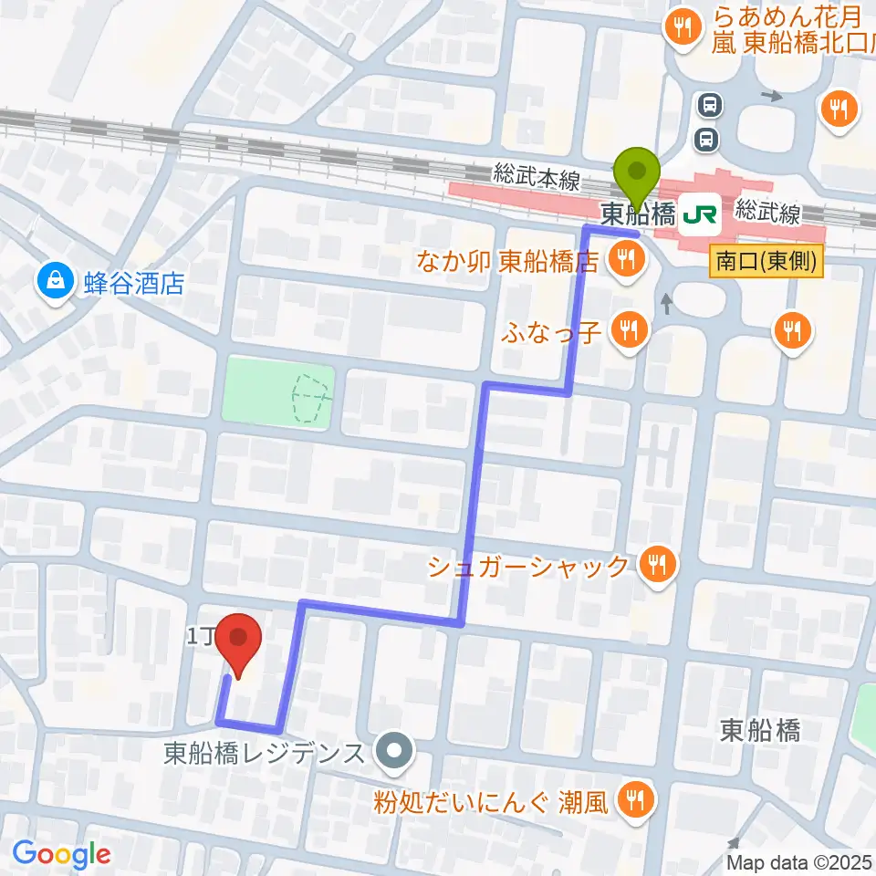 GUITAR LABの最寄駅東船橋駅からの徒歩ルート（約5分）地図