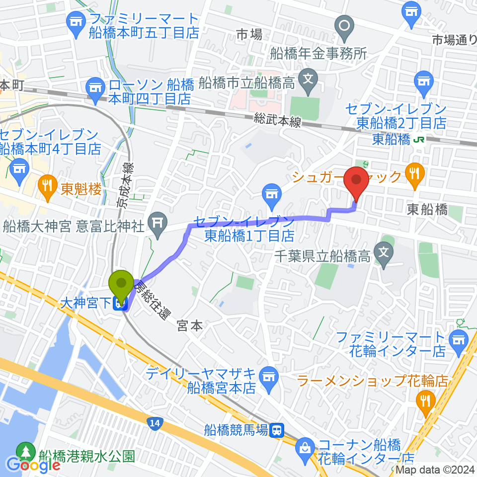 大神宮下駅からGUITAR LABへのルートマップ地図