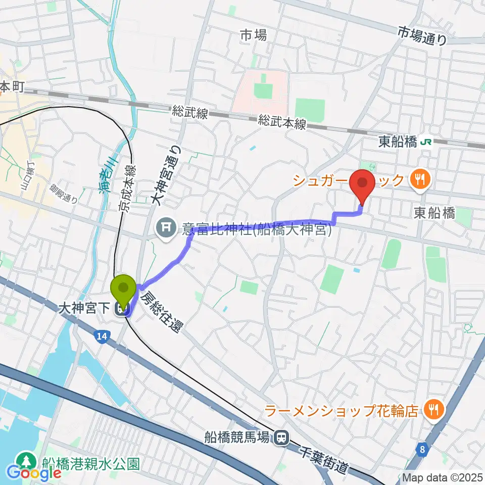 大神宮下駅からGUITAR LABへのルートマップ地図