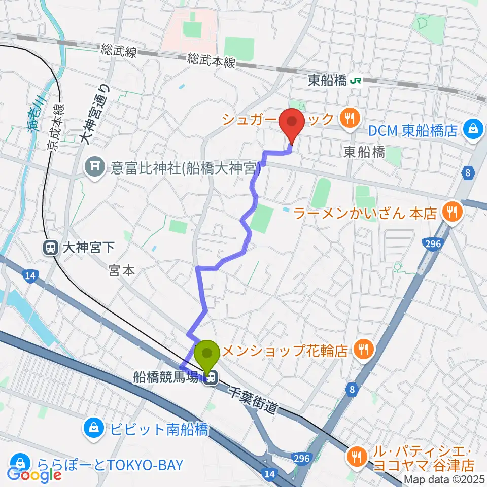 船橋競馬場駅からGUITAR LABへのルートマップ地図