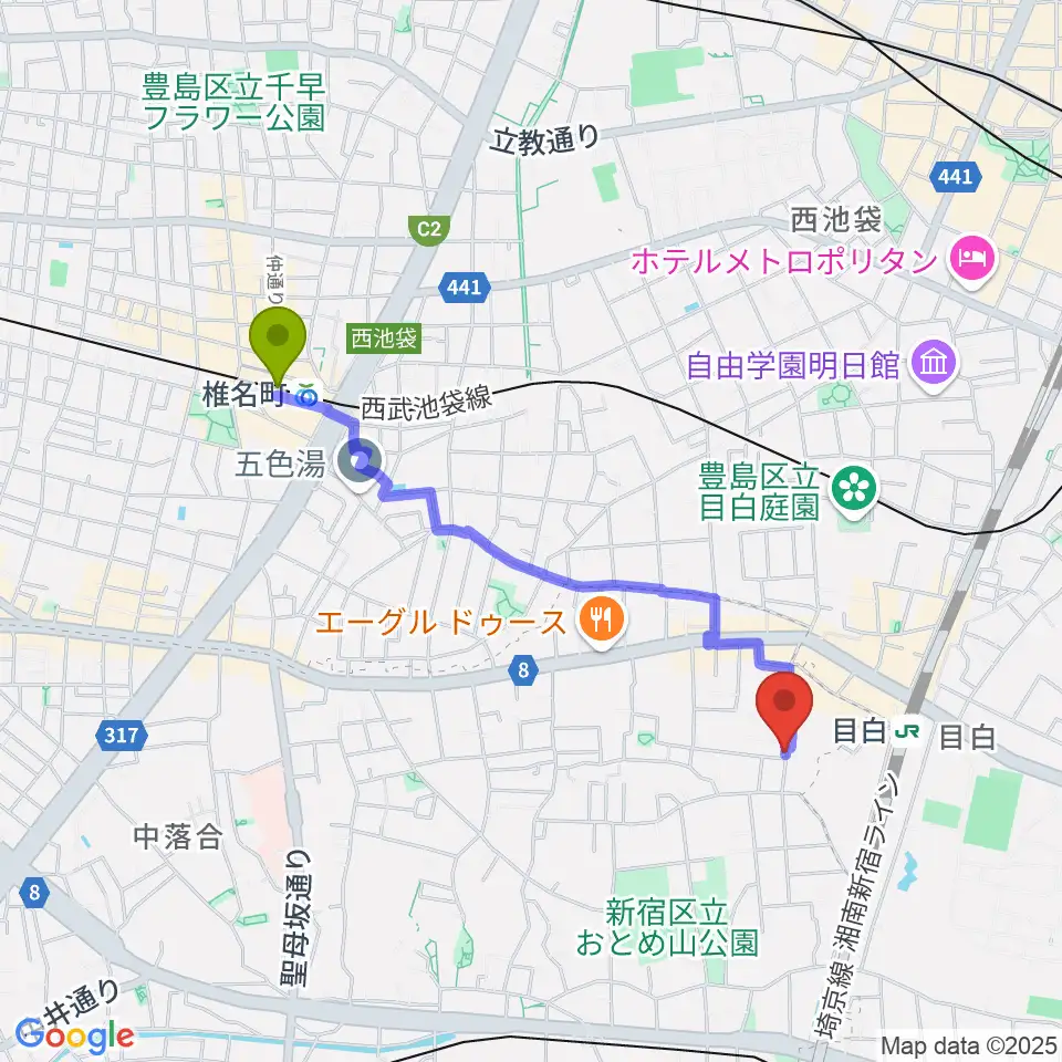 椎名町駅からギタルラ社 東京古典楽器センターへのルートマップ地図