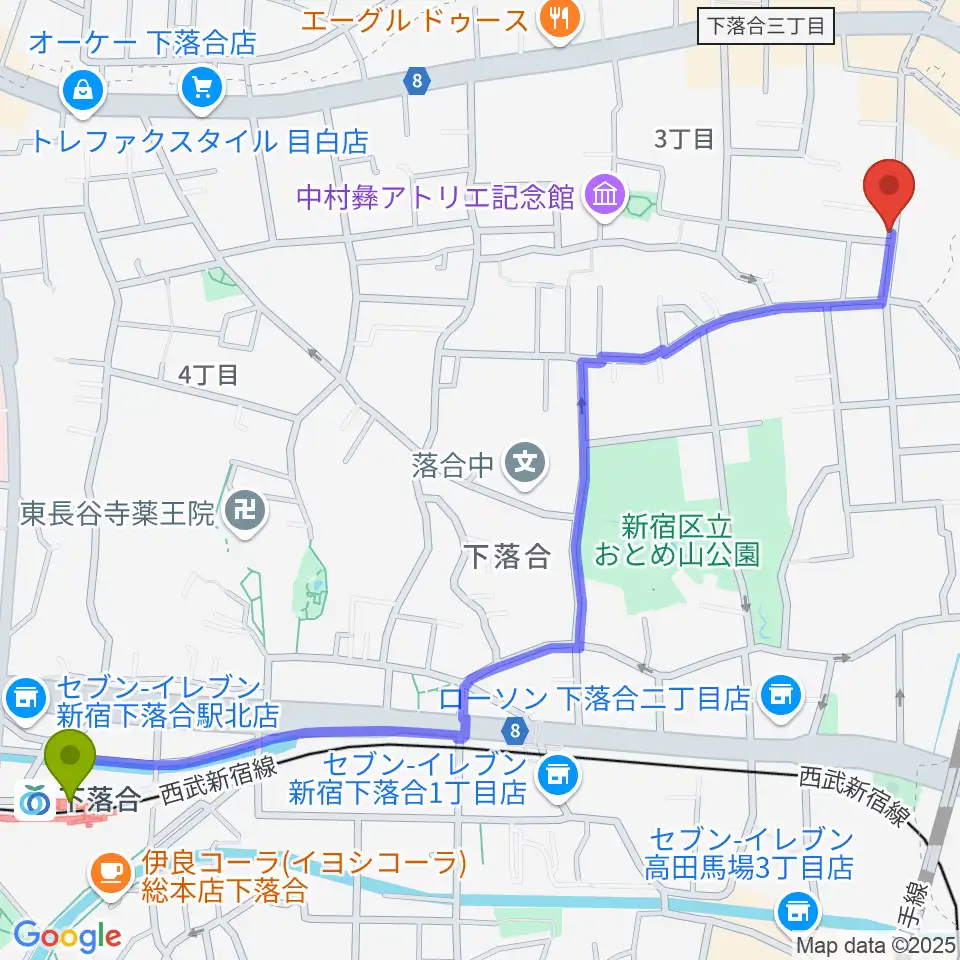 下落合駅からギタルラ社 東京古典楽器センターへのルートマップ地図
