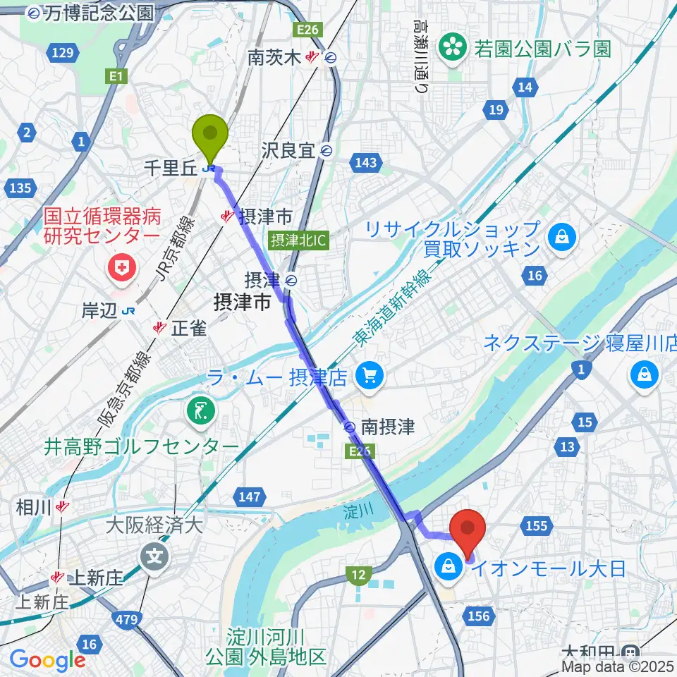 千里丘駅からギターワークスへのルートマップ地図