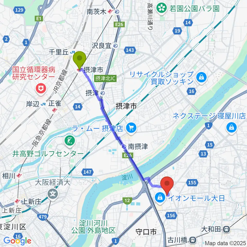 摂津市駅からギターワークスへのルートマップ地図