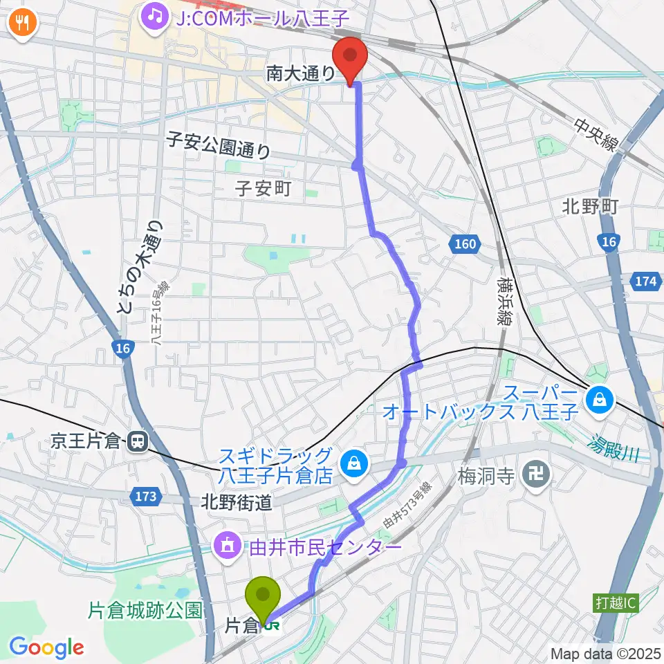 片倉駅から弦楽器専門店 ハイフェッツへのルートマップ地図