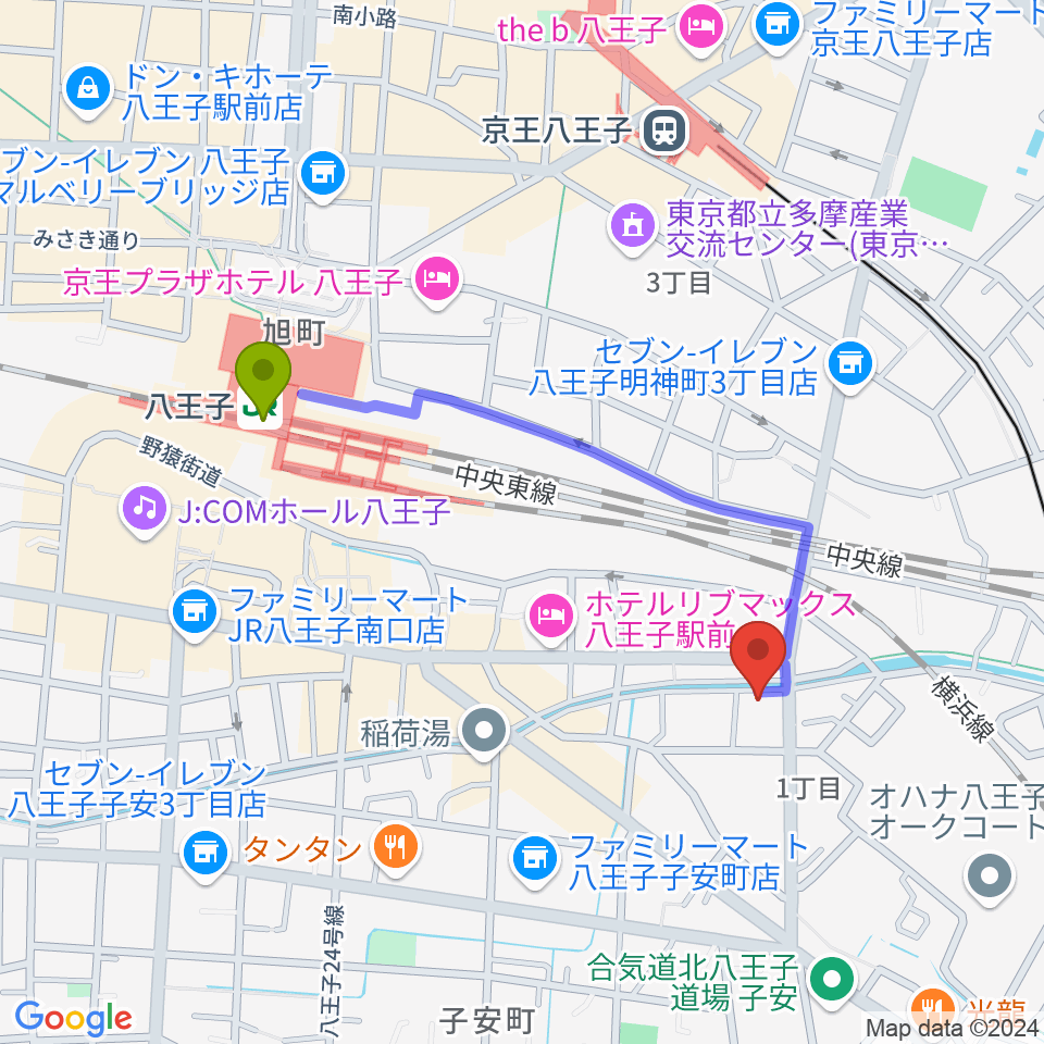 八王子駅から弦楽器専門店 ハイフェッツへのルートマップ地図