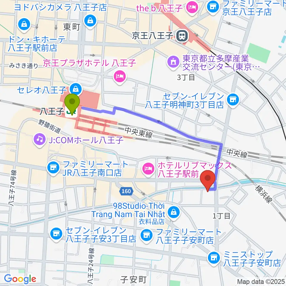 八王子駅から弦楽器専門店 ハイフェッツへのルートマップ地図