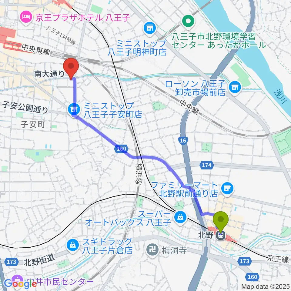 北野駅から弦楽器専門店 ハイフェッツへのルートマップ地図