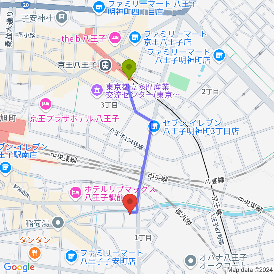 弦楽器専門店 ハイフェッツの最寄駅京王八王子駅からの徒歩ルート（約8分）地図