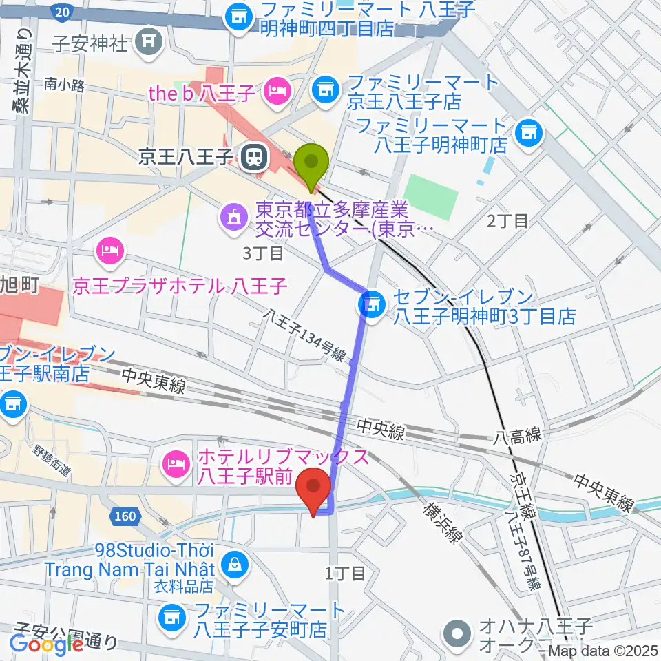 弦楽器専門店 ハイフェッツの最寄駅京王八王子駅からの徒歩ルート（約8分）地図