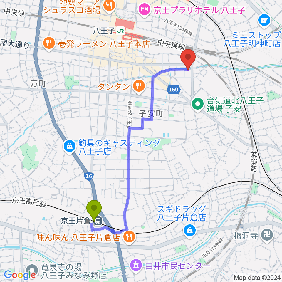 京王片倉駅から弦楽器専門店 ハイフェッツへのルートマップ地図