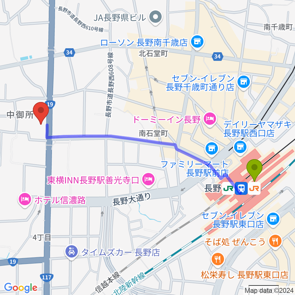 ヒオキ楽器 本店シャコンヌの最寄駅長野駅からの徒歩ルート（約12分）地図