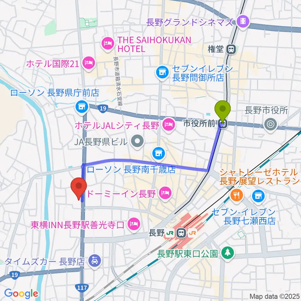 市役所前駅からヒオキ楽器 本店シャコンヌへのルートマップ地図