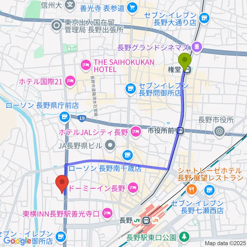 権堂駅からヒオキ楽器 本店シャコンヌへのルートマップ地図