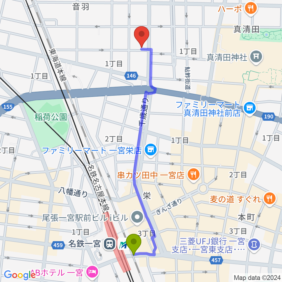 尾張一宮駅から音 THE RUNへのルートマップ地図