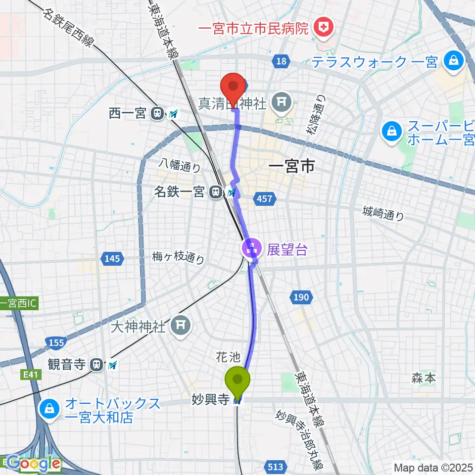 妙興寺駅から音 THE RUNへのルートマップ地図