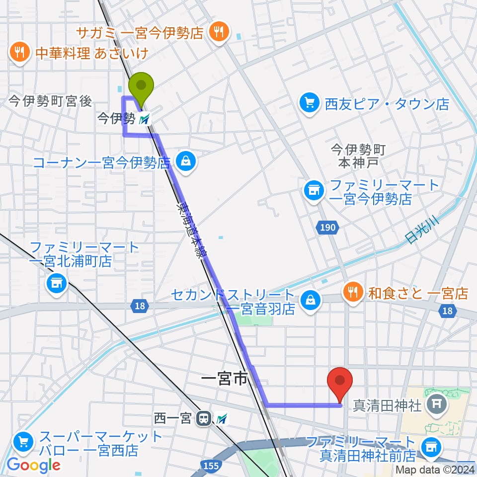 今伊勢駅から音 THE RUNへのルートマップ地図