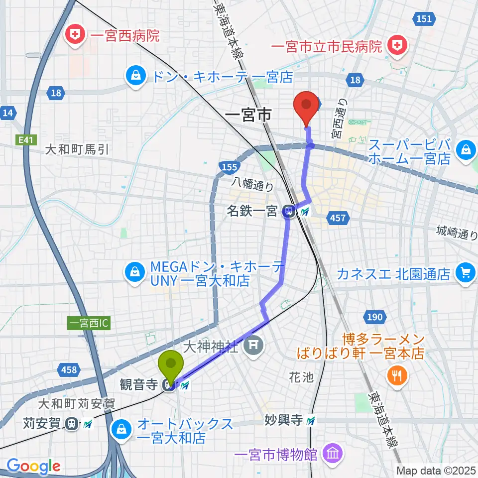 観音寺駅から音 THE RUNへのルートマップ地図