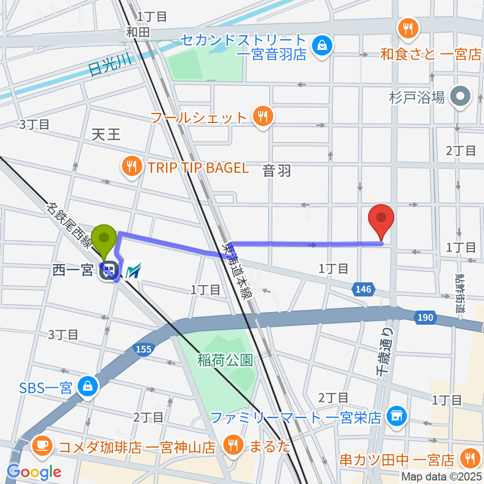 音 THE RUNの最寄駅西一宮駅からの徒歩ルート（約9分）地図