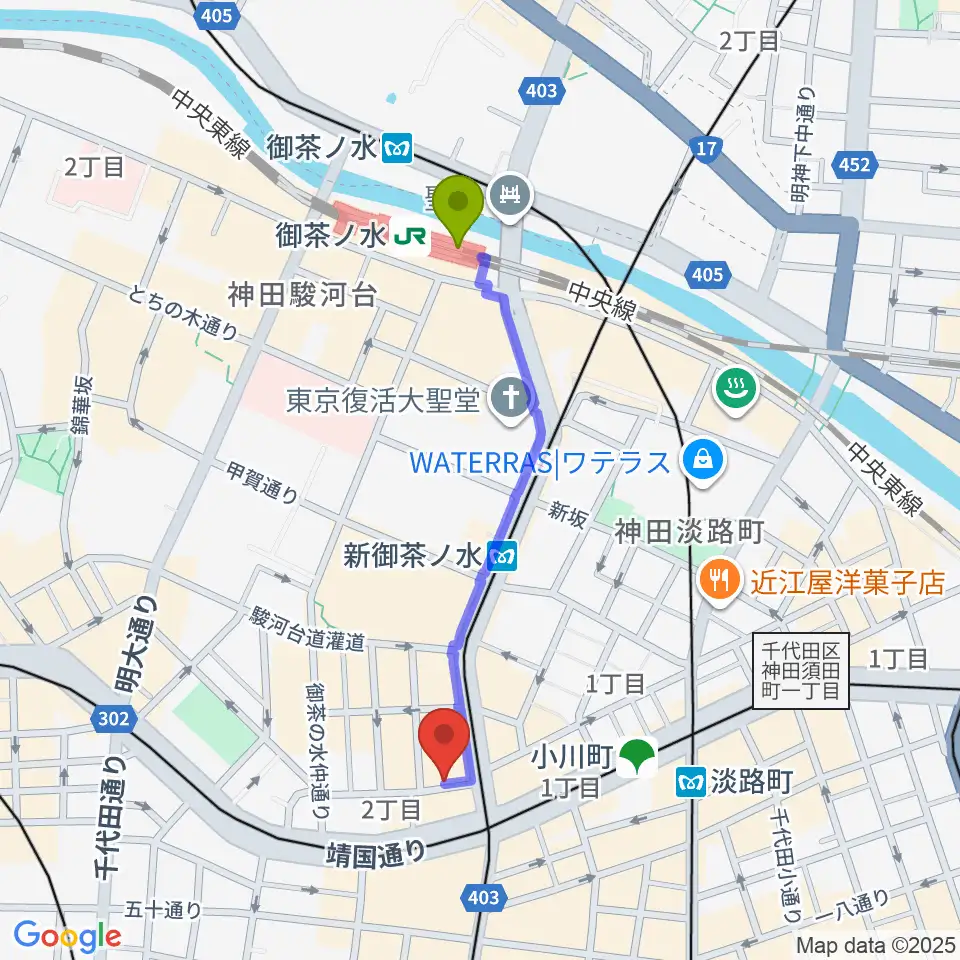 御茶ノ水駅からHobo'sへのルートマップ地図