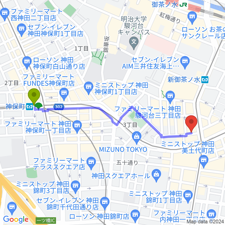 神保町駅からHobo'sへのルートマップ地図