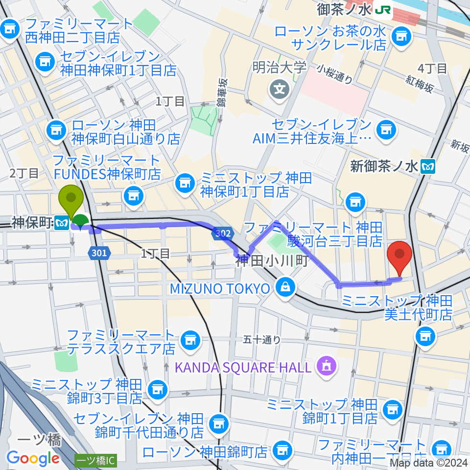 神保町駅からHobo'sへのルートマップ地図