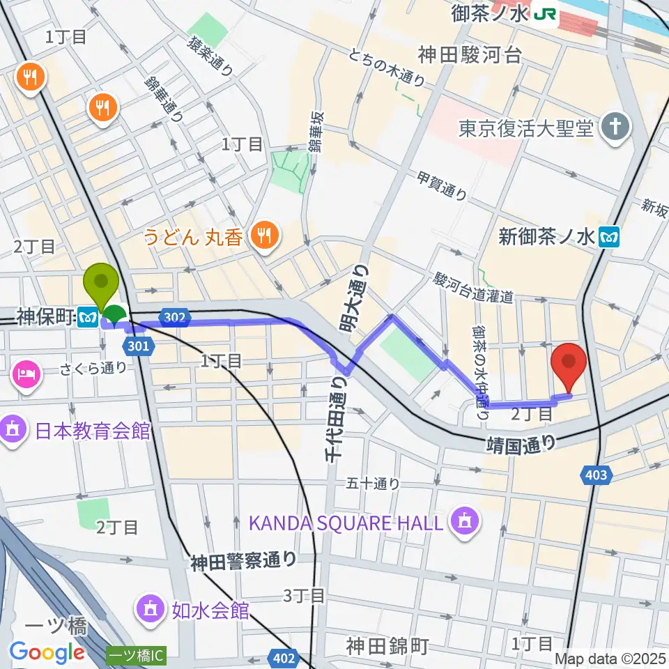 神保町駅からHobo'sへのルートマップ地図