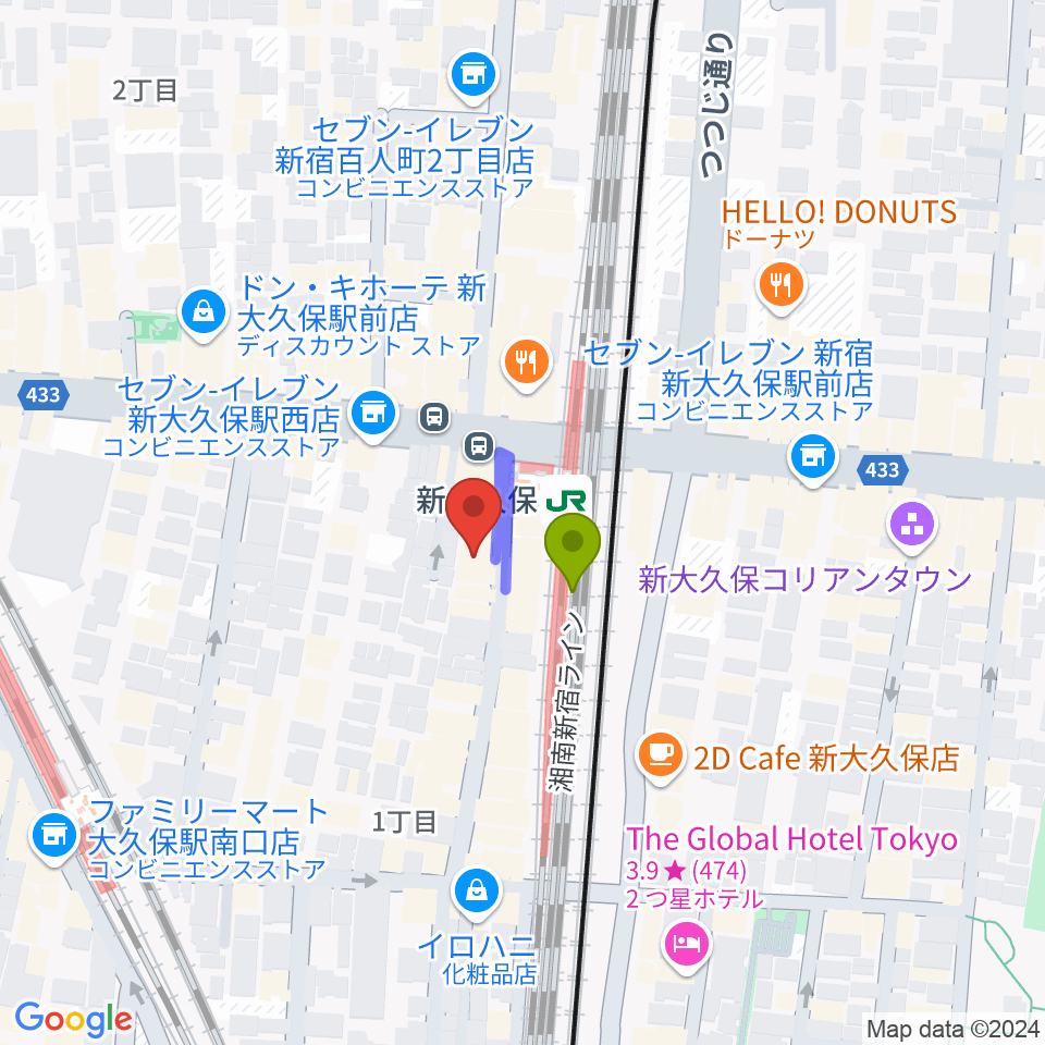 Hyper Guitarsの最寄駅新大久保駅からの徒歩ルート（約1分）地図