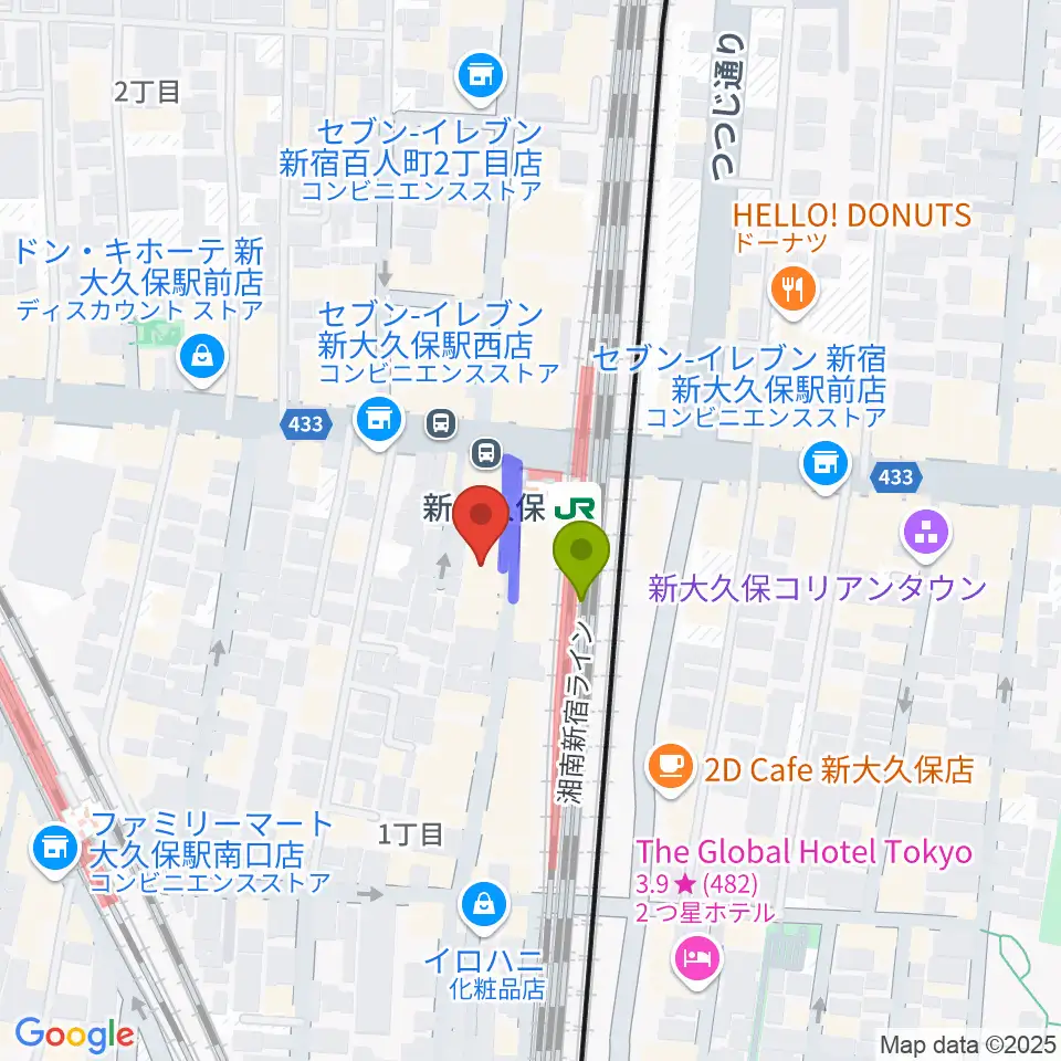 Hyper Guitarsの最寄駅新大久保駅からの徒歩ルート（約1分）地図