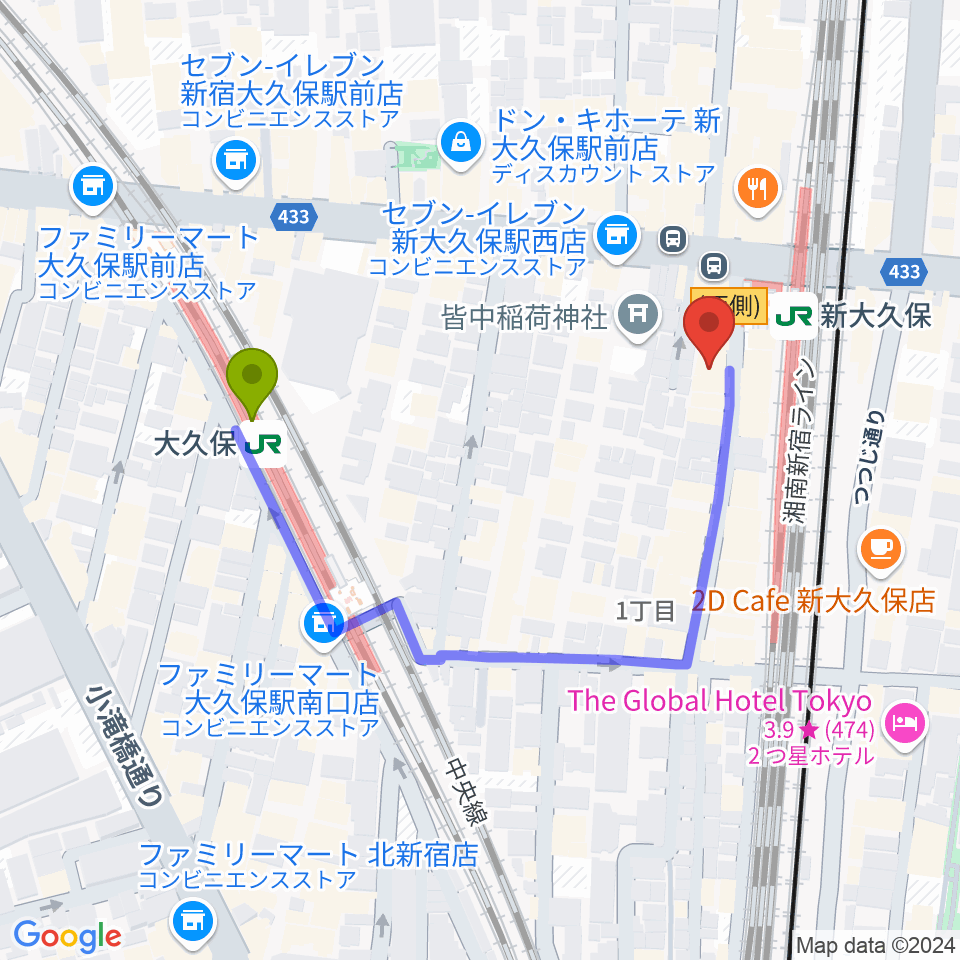 大久保駅からHyper Guitarsへのルートマップ地図