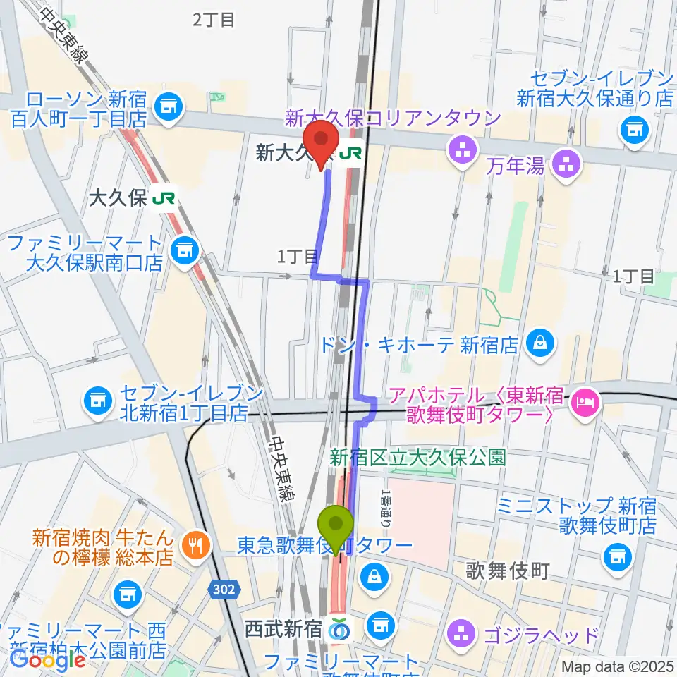 西武新宿駅からHyper Guitarsへのルートマップ地図